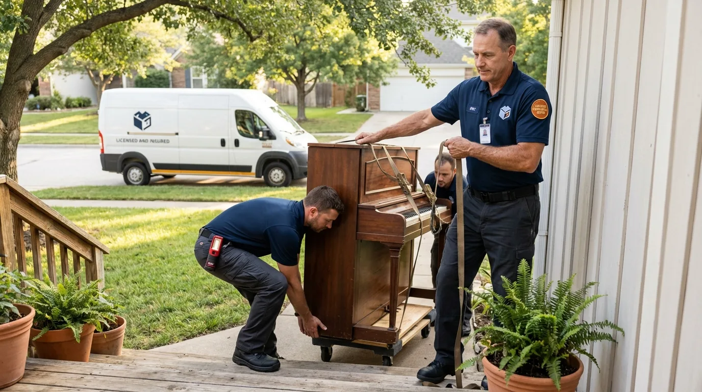Licensed piano movers securing grand piano in Salida, CO