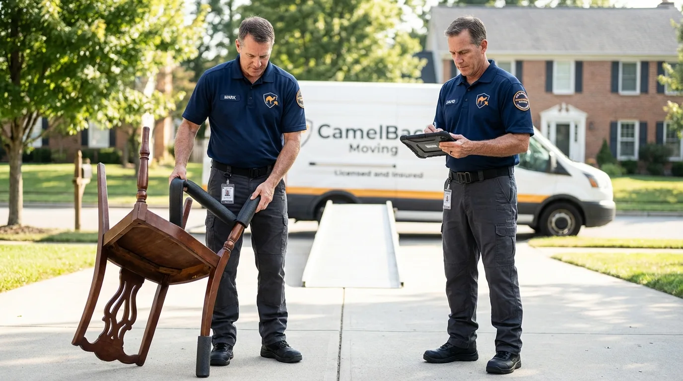 Movers inspecting furniture for damage prevention before loading in Salida, CO